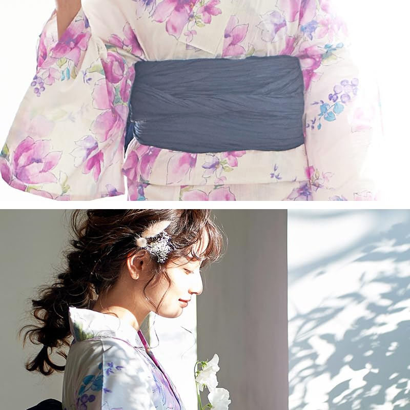 Dita Yukata Set with Obi In Navy and with Watercolor and Floral Easy To Dress by Yourself Gorgeous Free Women's 5-Piece (Heko Obi) Blue, White, Pink,