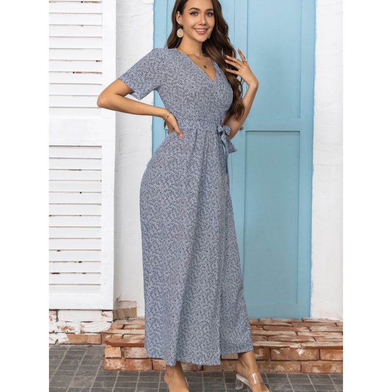Cross-Border Fashion Summer New V Neck Small Floral Sexy Slit Short Sleeve Dress Sanya Seaside Beach Dress