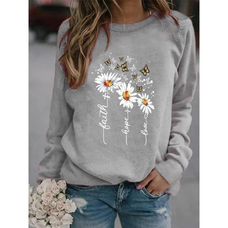 Vinter Dame Daisy Printed Topper T-skjorte Dame Rundhals Langermet Casual Sweatshirt Plus Size Bluse