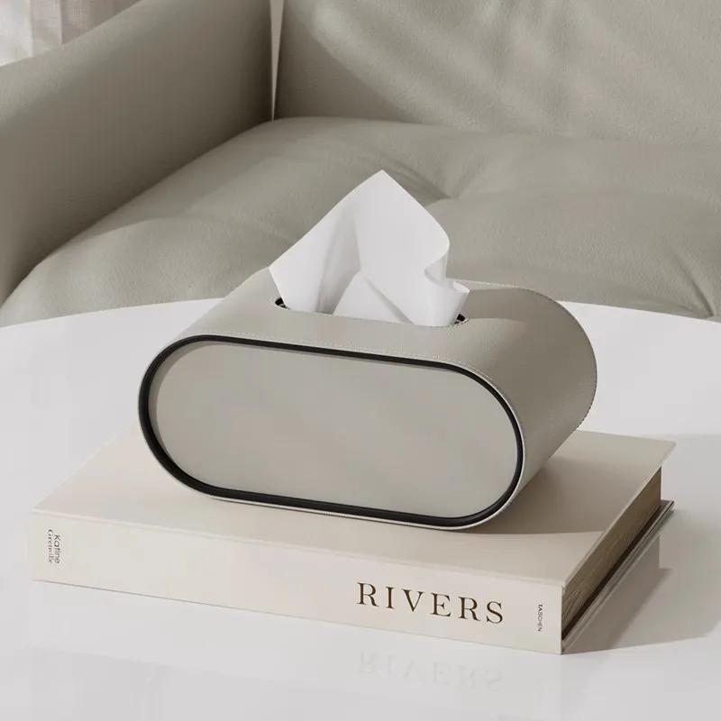 High-End Leather Paper Box Light Luxury Tissue Box Bathroom Living Room Bedroom Desktop Creative Oval Napkin Storage Box