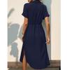 Women's Casual And Fashionable Solid Color V-Neck Pocket Button Drawstring Short Sleeved Dress