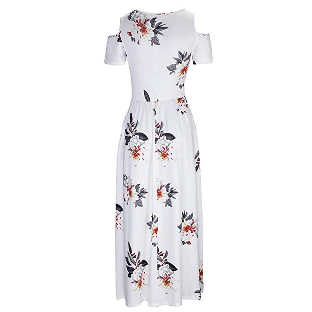 Dámské letní studené rameno s květinovým potiskem Elegantní dlouhé šaty do kapsy