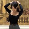 Sexy Slim Fit Square Collar T-Shirt Women Long Sleeve Solid Basic Top Spring Autumn Low Cut Simple Pullover