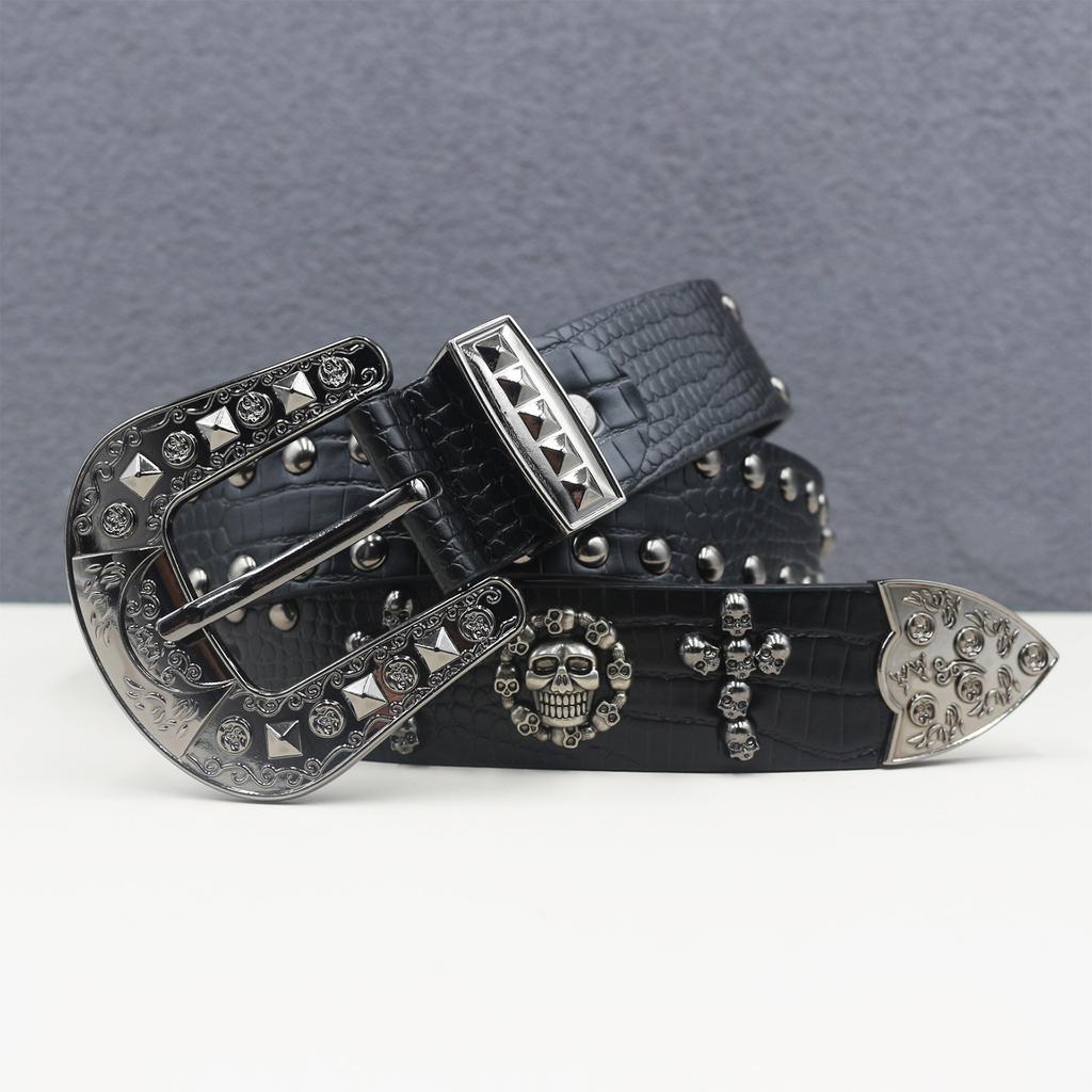 Crocodile Pattern American Western Rivets Skeleton Street Rivets Punk Men's Belt Women