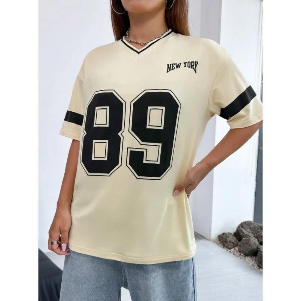 Summer Women's Champion Printed T-shirt Summer Basic V-neck T-shirt Casual Retro Street Style T-shirt Plus Size Top