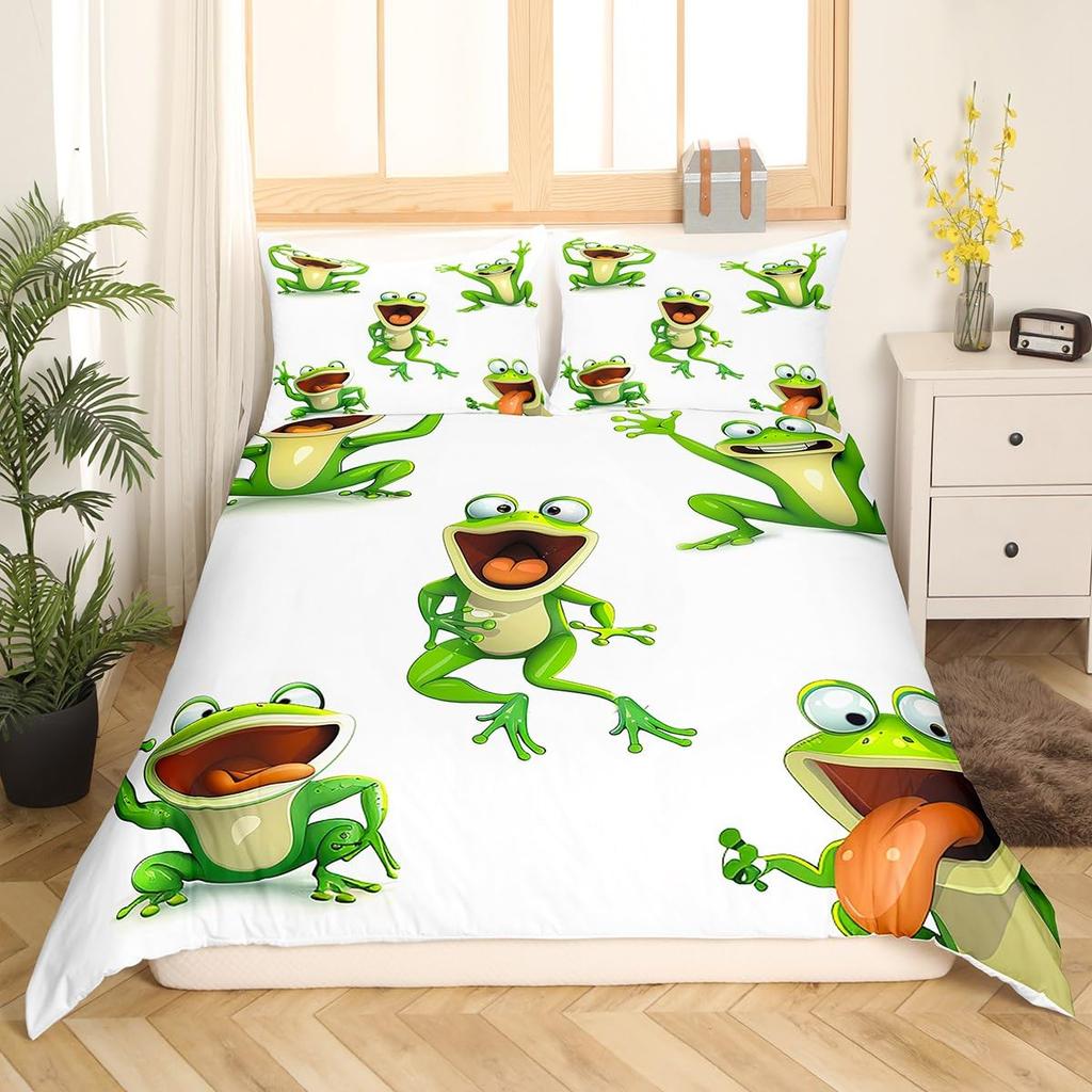 Kawaii Frog Dynetrekk King Queen Tegneserie Dyretema Sengesett Funny Wildlife Dynetrekk Barn Soverom Mykt Dynetrekk