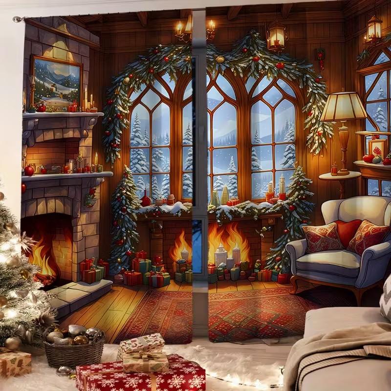 2 Peças Cortinas com Estampa de Lareira de Inverno, adequadas para decoração de quarto, sala de estar, cozinha, decoração de casa, decoração de janela