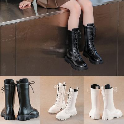 Autumn/Winter ZIP Fashion Cool Baby Girls Warm Square Heel Round Toe Casual Lace-Up Comfortable Kids Black Mid Boots