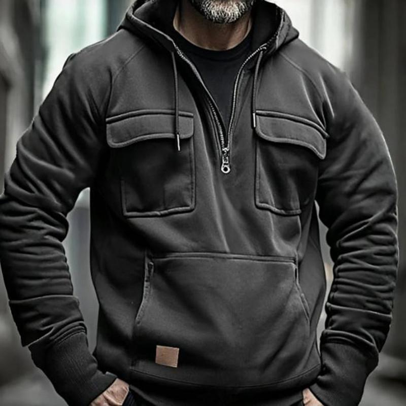Autumn Winter Hoodies Men Half-zip Patchwork Warm Sweatshirts Multi Pockets Male Casual Pullover Outdoor Hoodie
