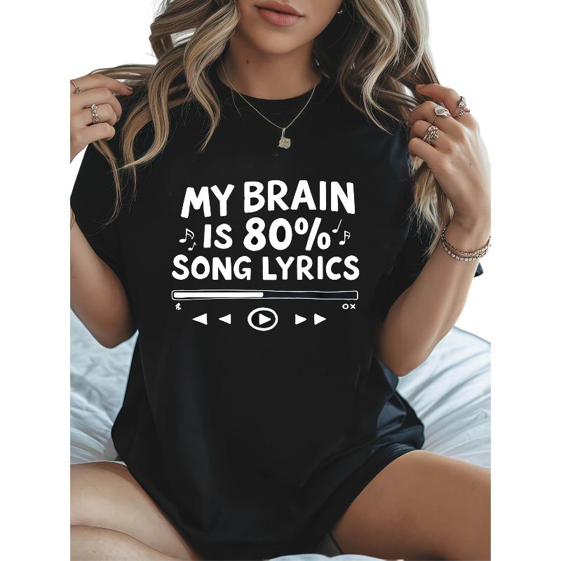 Plus Size, Women s Plus Size T-Shirt 0XL-5XL - Funny Music Lovers  My Brain Is Lyrics  Crewneck Tee with Song Lyrics Print, S чёрный