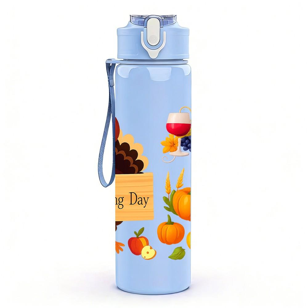 1PC Thanksgiving Turkey Harvest Pattern 750ml Color Plastic Sports Water Bottle Leakproof Flip Straw Lid Suitable for Sports Office Home Use