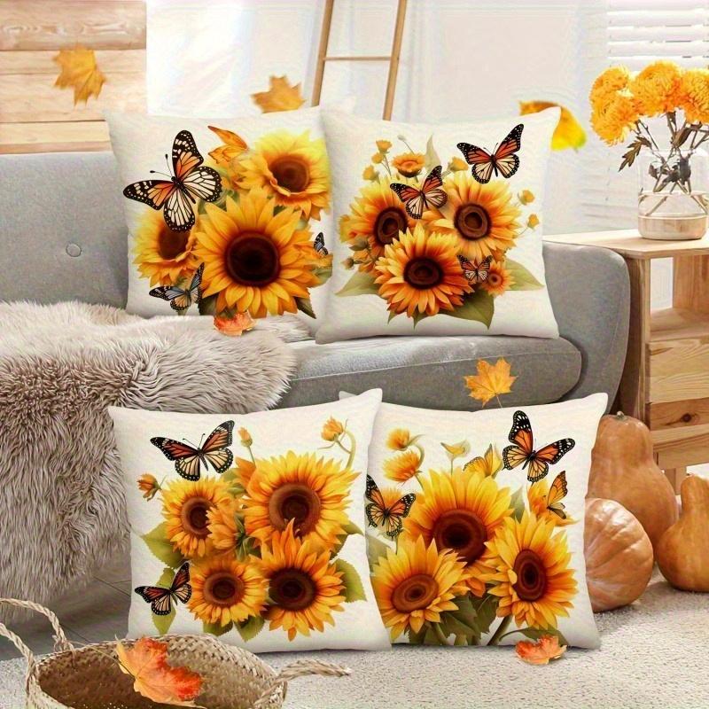 4-teiliges realistisches Sonnenblumen- und Schmetterlings-Kissenbezug-Set, das lebendige Farben in Ihr Zuhause bringt, einseitig bedrucktes Sofa