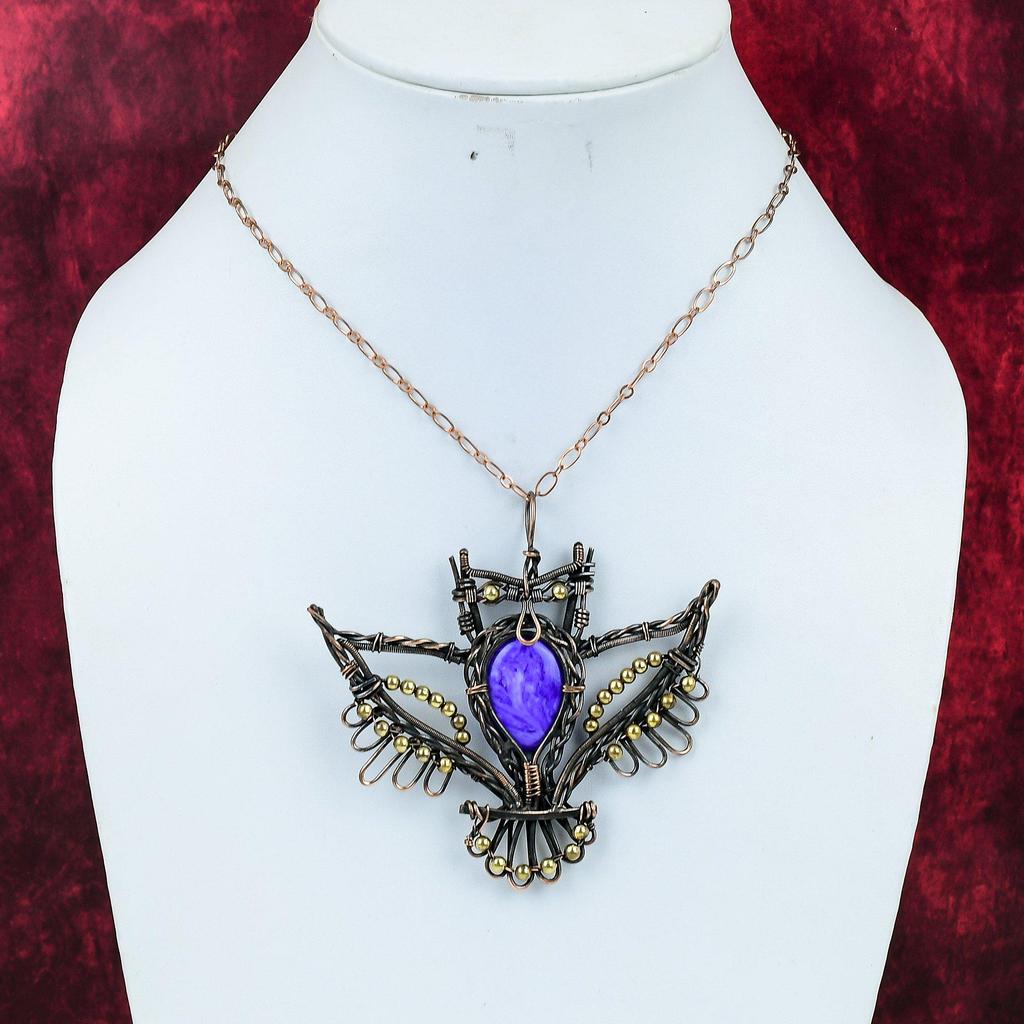 Charoite Pendant Copper Wire Wrapped Pendant Owl Pendant Unique Copper Jewelry Gemstone Handmade Pendant Wire Wrap Jewelry Gifts For Mother