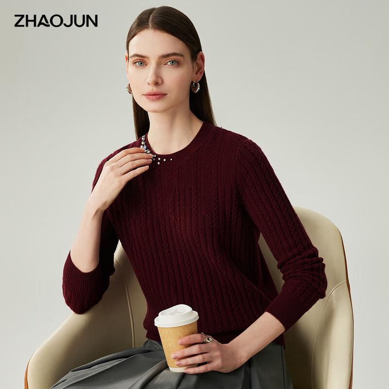 Zhao Jun Women's 2025 A/W 100% Cashmere Rhinestone Cable Knit Round Neck Sweater