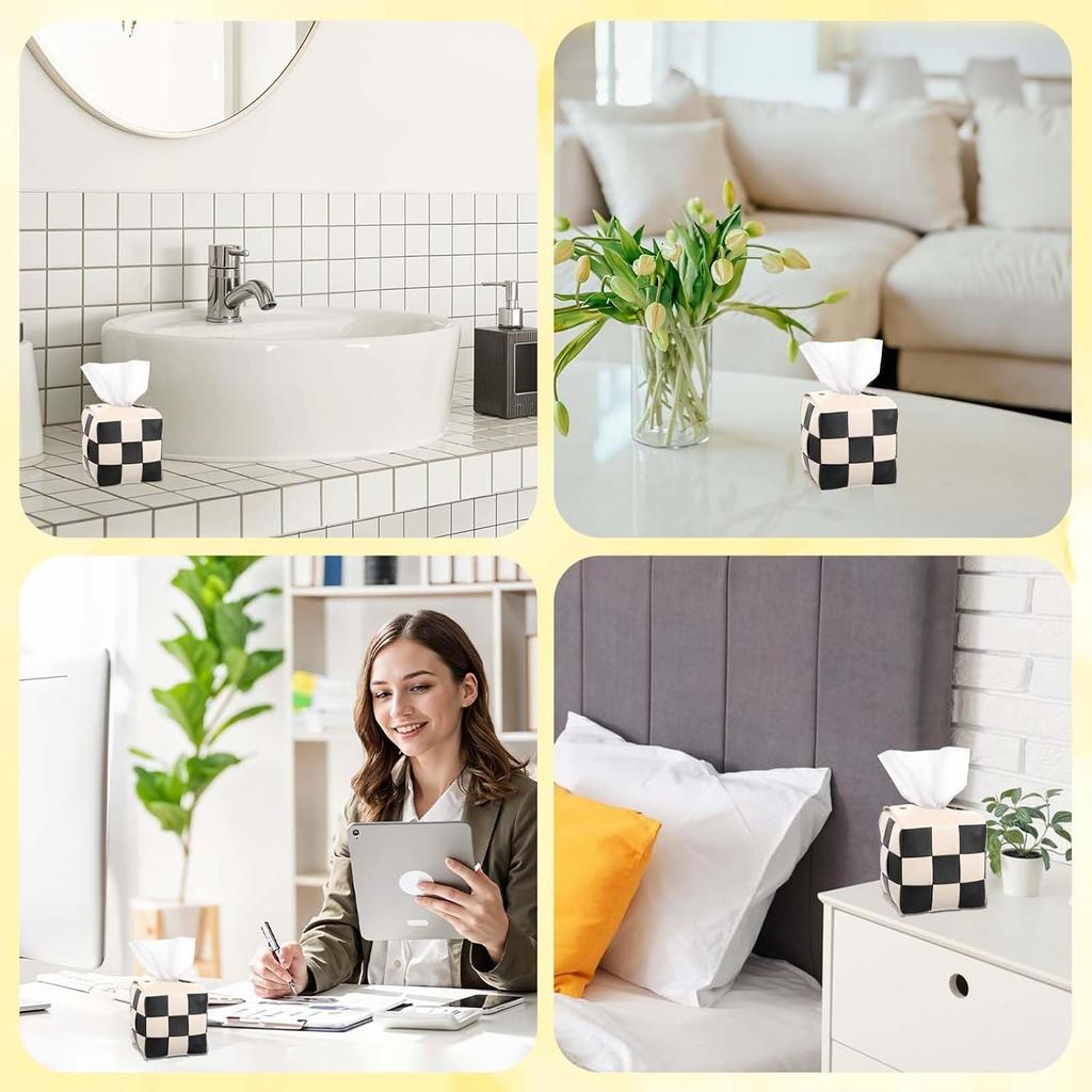 Checkered Tissue Box Cover Square, PU Leather Table Tissue Box Holder Boho Black and Beige Decorative Organizer with Metal Buckle for Vanity
