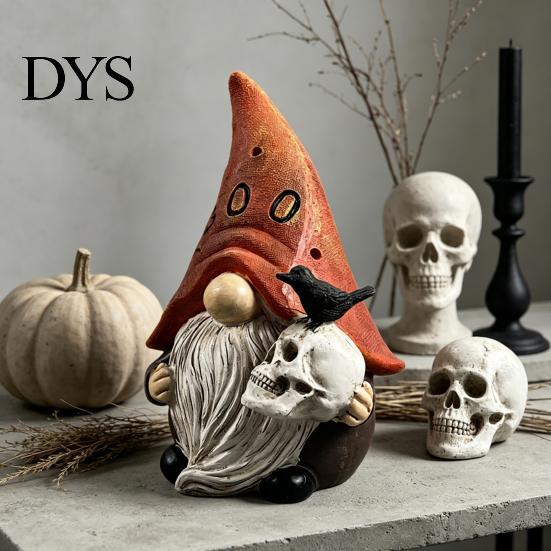 Unique Holiday Shelf Decor Halloween Gnome Statue, EEK BOO Resin Elf Dwarf Figurine with Pumpkin Creative Indoor Party Tabletop Crow Skull,