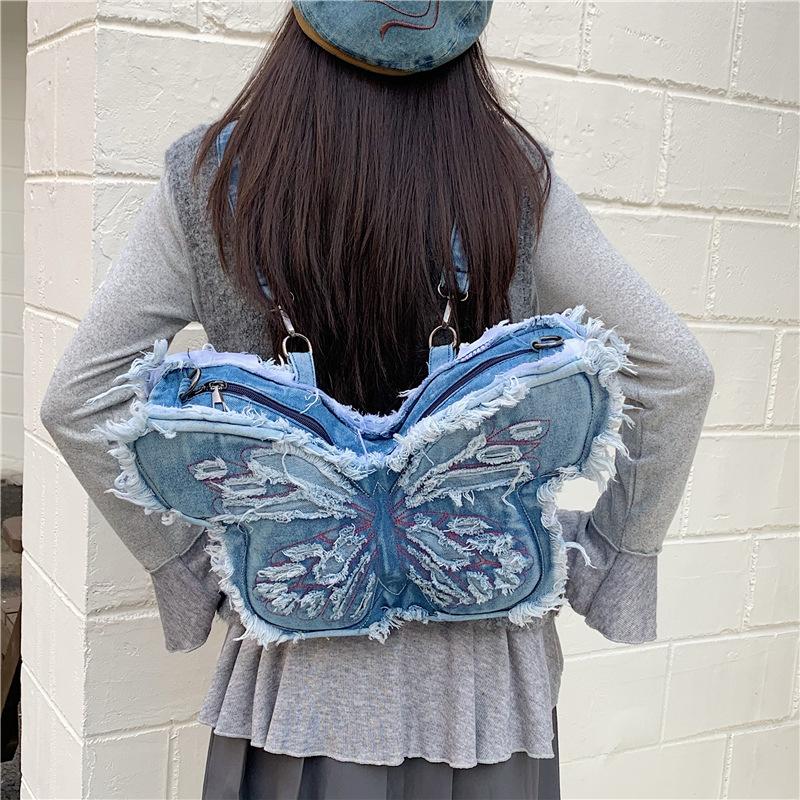Bestickter Schmetterling Denim Rucksack Damen Schulter Crossbody Tasche