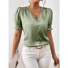 Satin V-neck Button Up Shirt for Spring Autumn Casual Short Sleeved Shirt with Ruffled Edges Blouses & Shirts