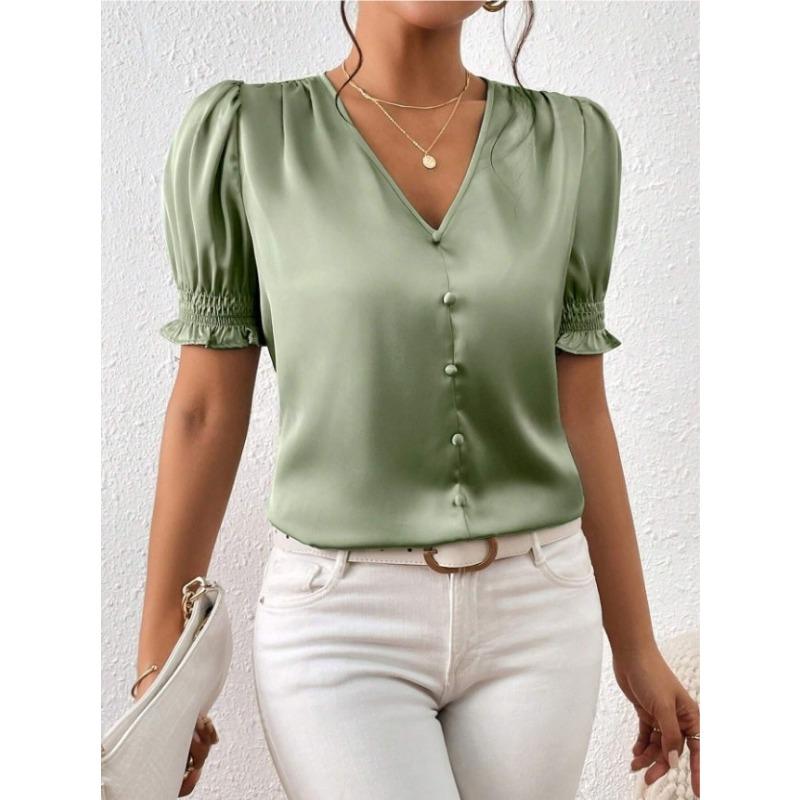 

Атласна сорочка з V-подібним вирізом і гудзиками для весни-осені Повсякденна сорочка з короткими рукавами та гофрованими краями Блузки та сорочки L м ята зелений колір