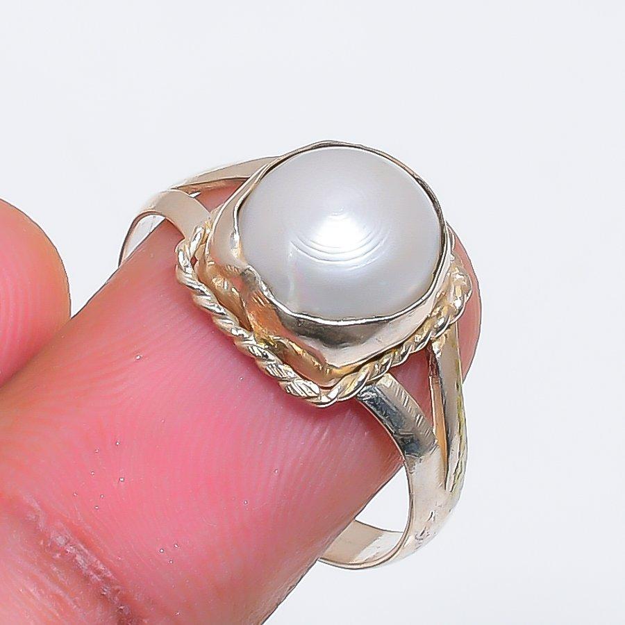 Pearl Gemstone Handmade 925 Sterling Silver Jewelry Ring Size 8 ZS-1800