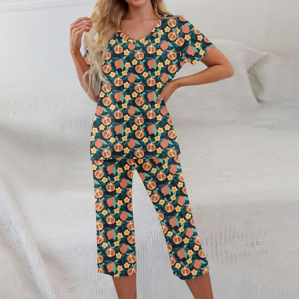 2 Piece Sets For Women Short Sleeve Top And Pants With Pockets Workout Soft Floral Print Sets