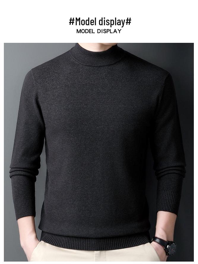 Men's 100% Cashmere Mid-Neck Black Sweater - Thickened Winter Base Layer