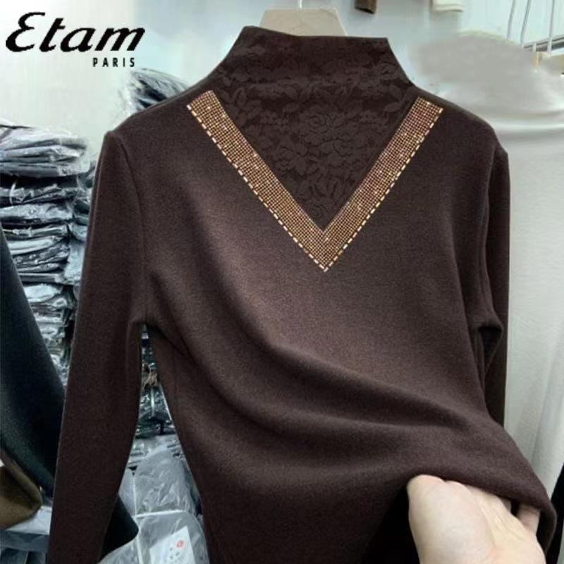 

Double-sided German velvet self-heating T-shirt, velvet thickened semi-turtleneck long-sleeved bottoming shirt, women s top, lace, autumn 4XL（165-190） темно-коричневого кольору