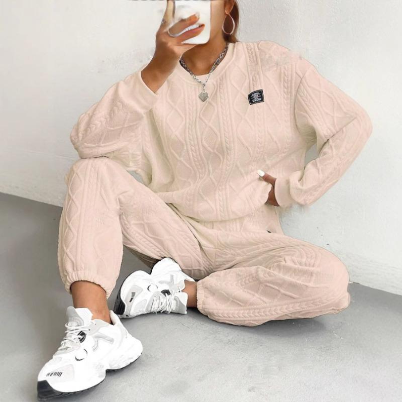 Women Fashion Casual Two Piece Set Long Sleeve Jacquard Sweatshirt And Long Pants