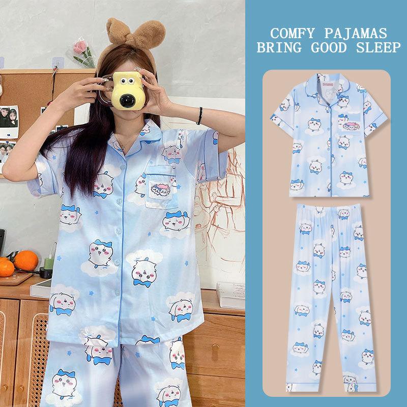 Japanese Kitty Cat Pajamas Women's Summer Thin Short-sleeved Trousers Loose Plus Size Girl Raw Loungewear Set