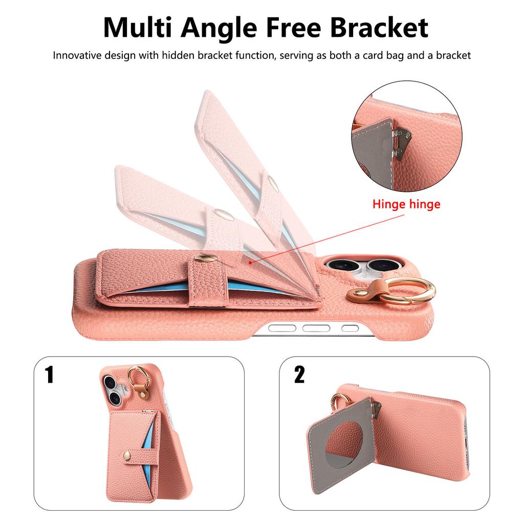 Cards Solt Ring Holder Lychee Pattern Leather Case for iPhone 17 Pro Max 16 15 14 13 12 11 with Makeup Mirror Shockproof Cover