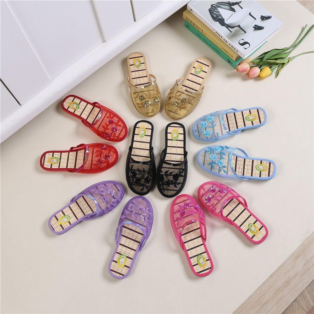 Handmade Beaded Home Slippers Women's Summer Indoor Mesh Wooden Flooring All Season Slippers Flat Heel