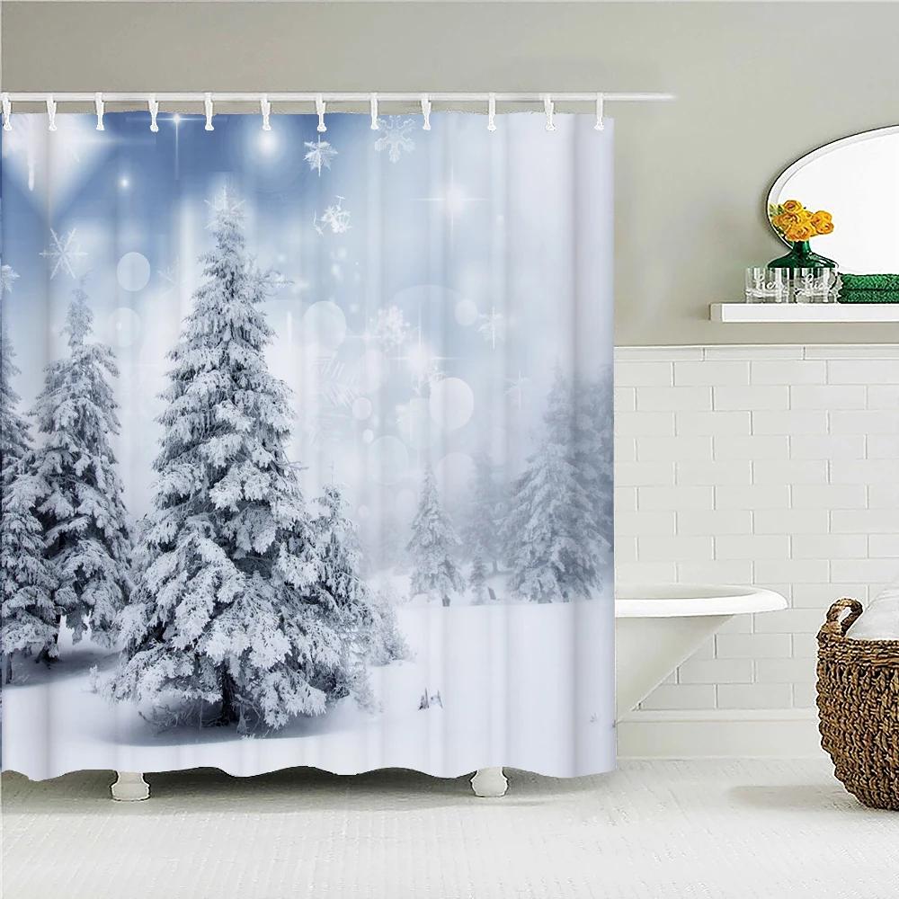 Christmas Shower Curtain Waterproof Fabric Snow Scene Cedar Trees landscape Print Shower Curtains for Bathroom Shower with Hoo