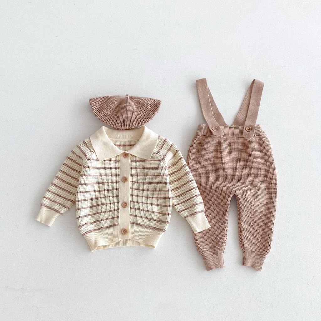 New Fall/Winter Infant Waffle Knit Cardigan & Striped Long Sleeve Overalls Set