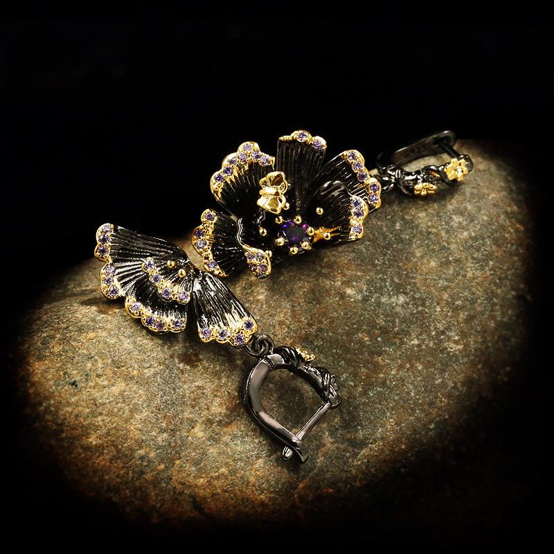 New retro sunflower earrings high-end flower zircon personality gold exaggerated black and gold two-tone earrings jewelry gift