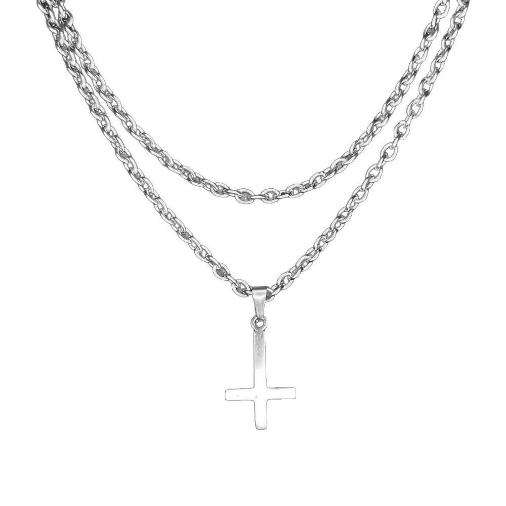 Punk Personality Stainless Steel Sliver Color Inverted Cross Pendant Double-layer Chain Necklace for Women Fashion Goth Jewelry