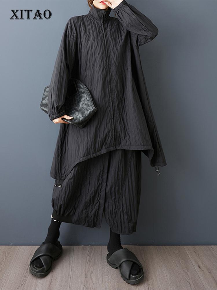 XITAO Pleated Loose Zipper Stand Collar Irregular Coat Skirt Two Pieces Sets GJ1246