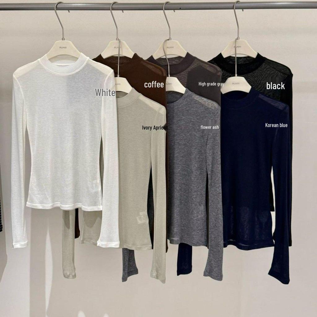 Women's White Tencel Stand-up Collar Long-Sleeve Top - 2026 Autumn/Winter Thin Base Layer