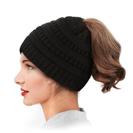 Women's Ponytail Hat Winter Warm Knitted Hat with Ponytail Tail Hole Soft Stretch Cable