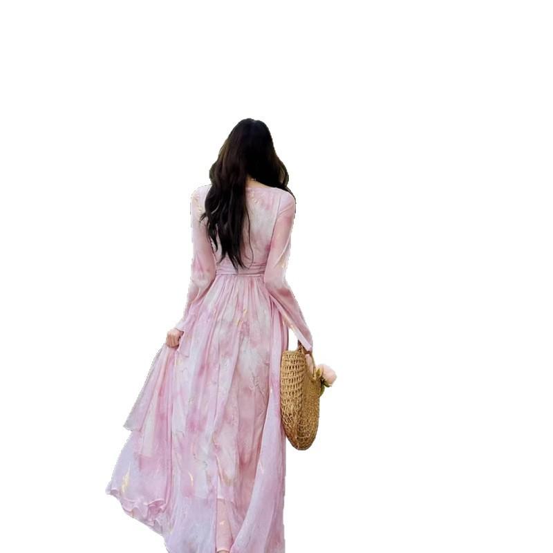 Fresh peach pollen temperament tea break dress lace dress French floral vacation pink spring and autumn dress
