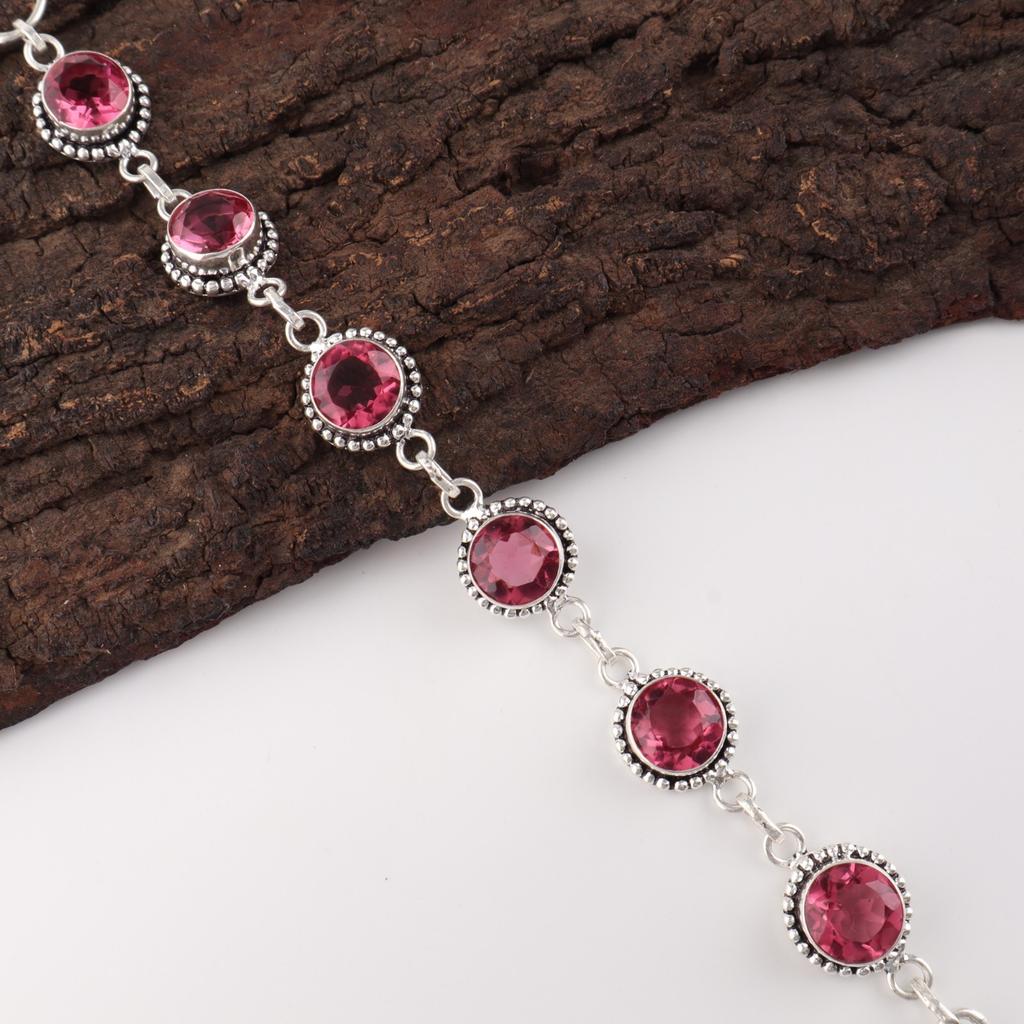 Pink Tourmaline Gemstone 925 Sterling Silver Jewelry Handcrafted Bracelet 7-9" RB-17-11