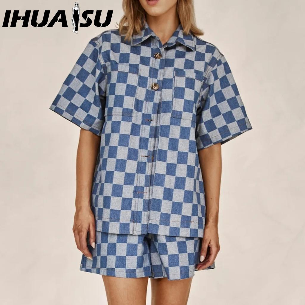 IHUASU Summer Fashion Casual Short-sleeved High-waisted Women's Suit Denim Shorts