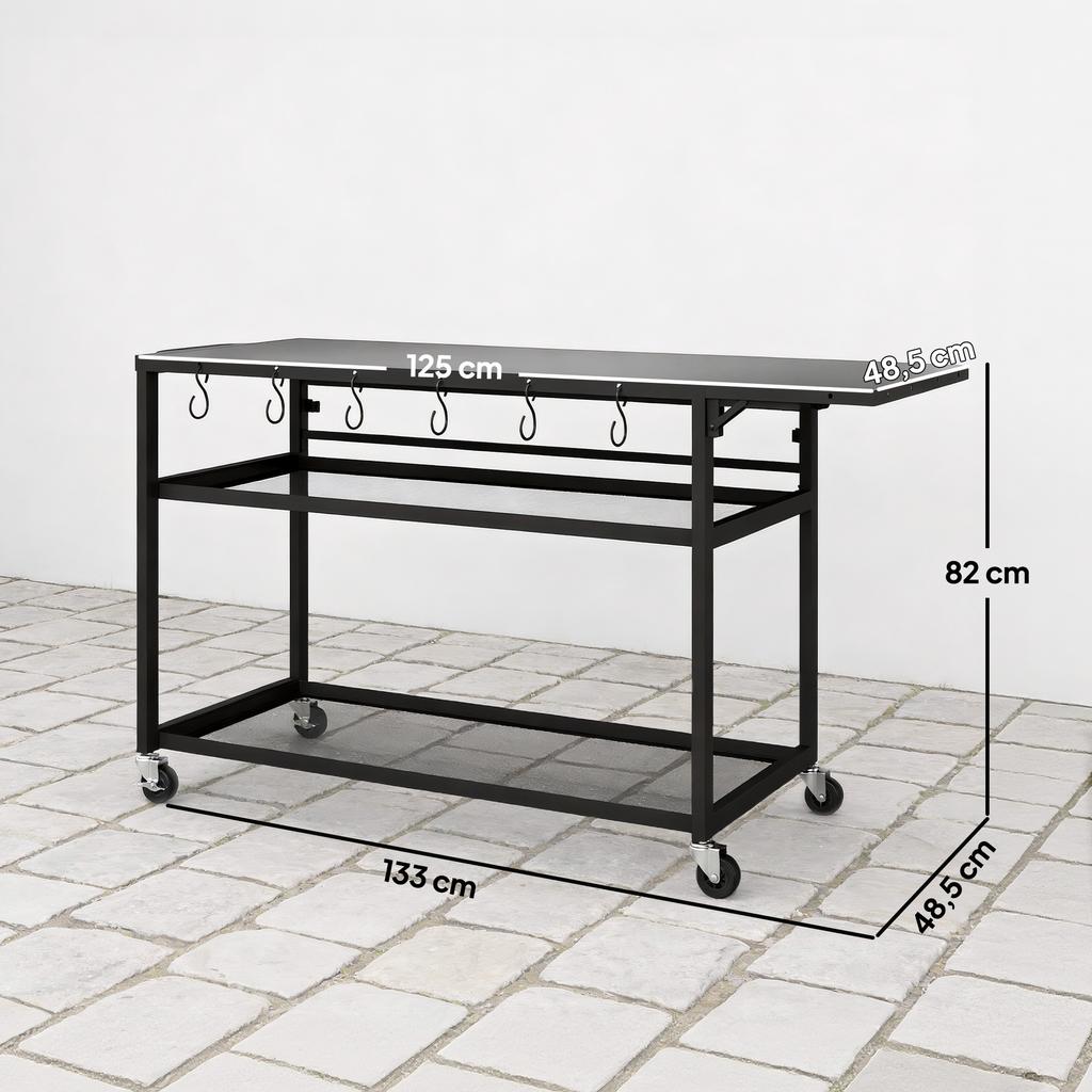 Garden Trolley Barbecue Cart on Casters with Foldable Side Tray, Three Shelves, 133 x 48.5 x 82 cm, Black