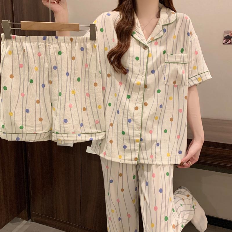 Three-Piece Pajamas Women'S Summer Short Sleeves Soft Cloud Cotton Simple Polka Dot Loungewear