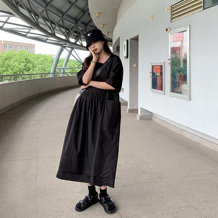 Loose Round Neck Large Pocket Midi Dress Summer Plus Size Women's Casual Short Sleeve Dresses