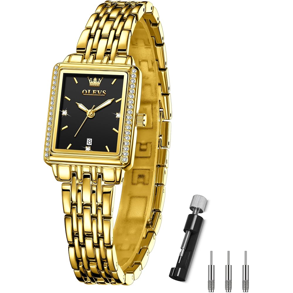 Olevs Square Gold Quartz Watch for Women Waterproof Analog Lightweight Metal Band Black Dial