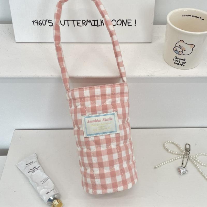 57141 cup cover portable small bag fabric padded plaid water cup bag anti-scalding soft portable water cup milk tea bag