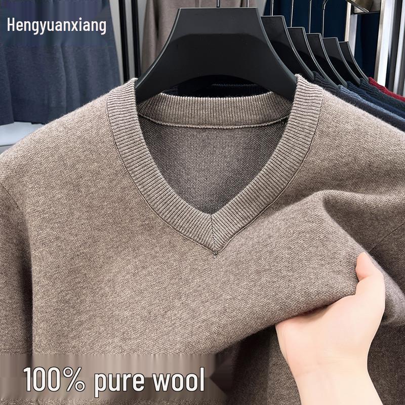 Hengyuanxiang Men s Thick V-neck Argyle Wool Sweater - 100% Pure Wool XL for 70-78kg