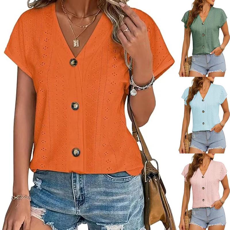 Ladies Summer Short Sleeve V Neck Button Solid Color Jacquard Pullover Hollow T Shirt Top