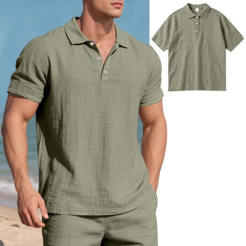 Men's Summer Lapel Button-Up Breathable Linen Polo Shirt & Casual Short Set