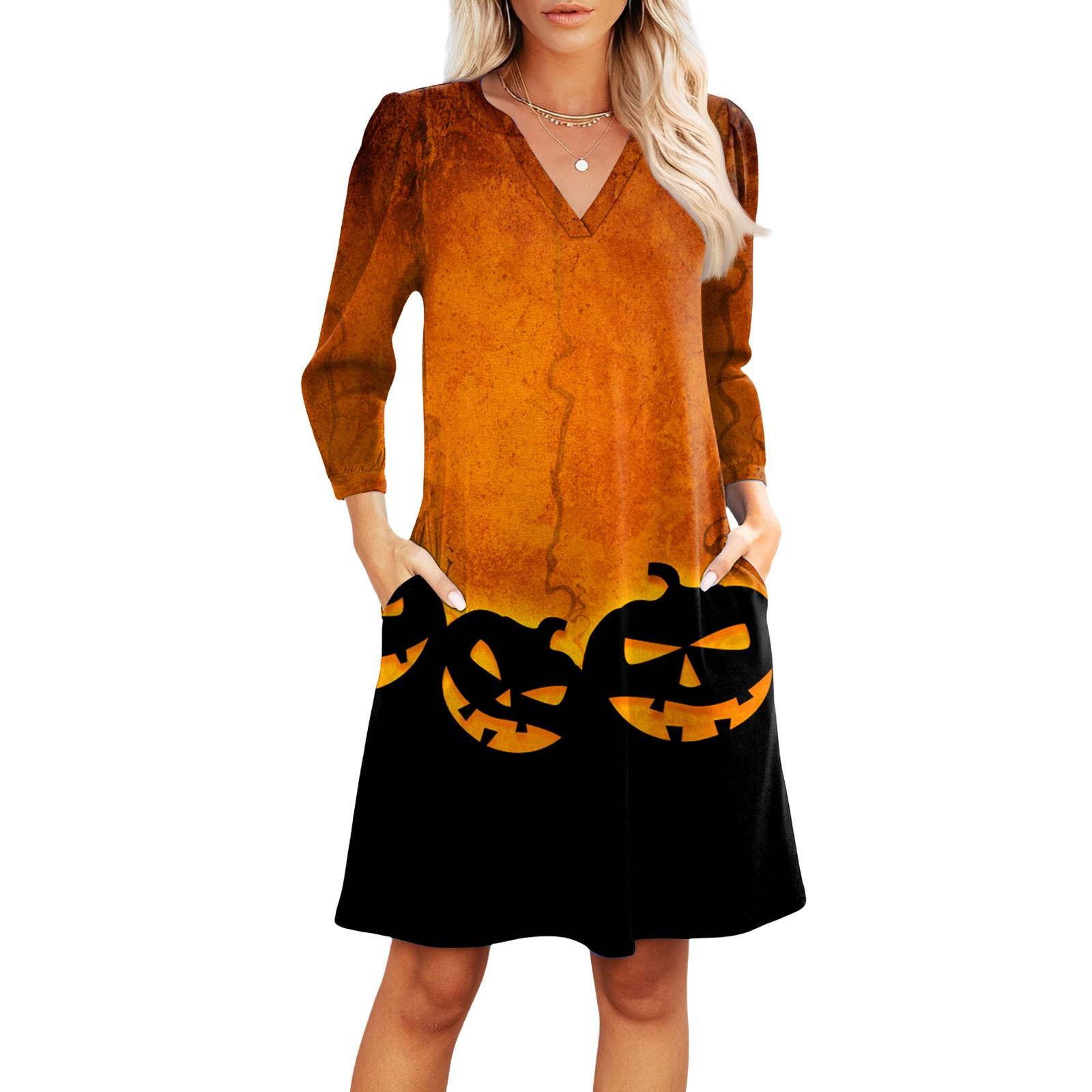 

Women s Fashion V-neck Casual Beach Dress Three-quarter Sleeves Halloween Print Dress L чёрный